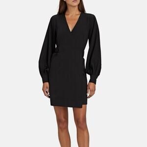 GANNI Bishop Sleeve Heavy Crepe Wrap Minidress In Black Size 38